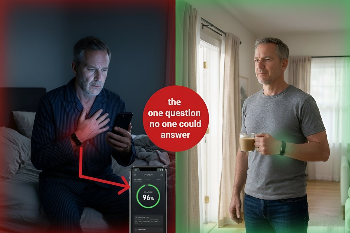 Split image of a worried man clutching his chest checking his phone at night next to a calm man with coffee, the one question no one could answer