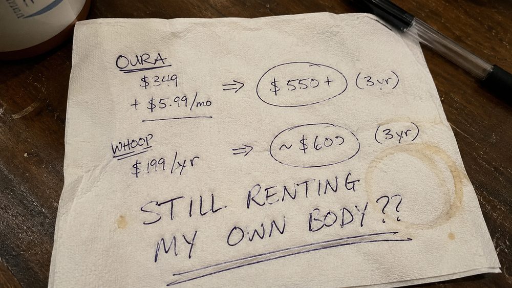 Napkin math comparing Oura and Whoop three-year costs, still renting my own body