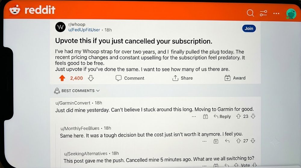 Reddit r/whoop post, upvote this if you just cancelled your subscription, 2400 upvotes