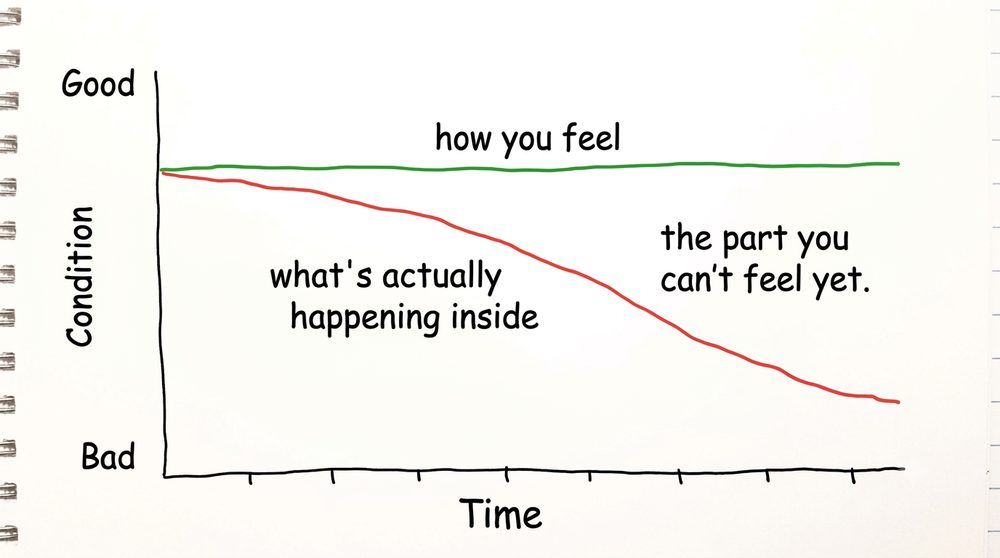 A hand-drawn graph, how you feel stays flat while what is happening inside quietly declines