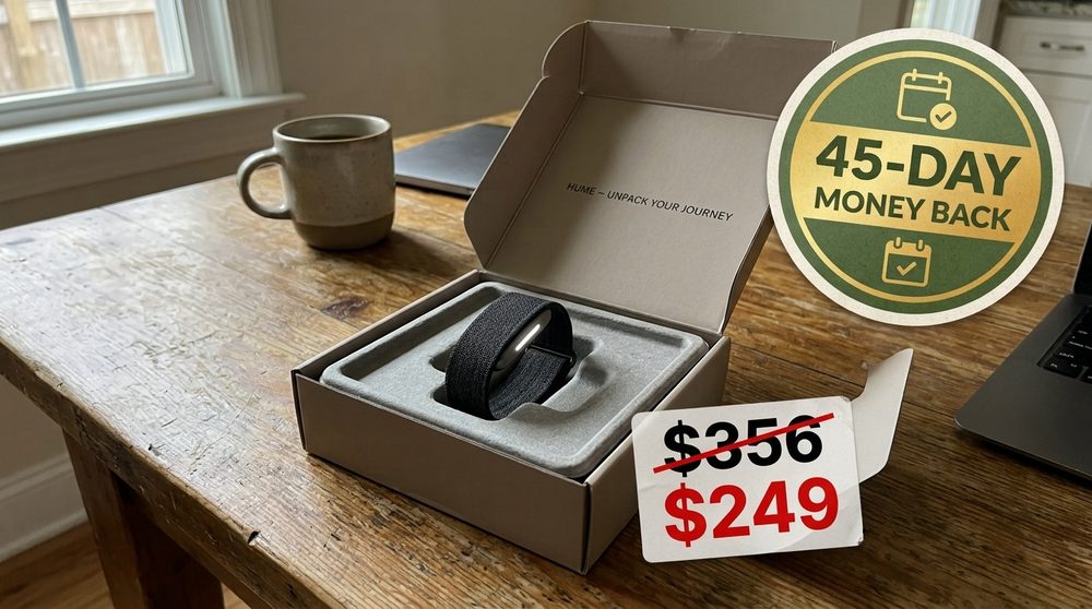Hume Band 2.0 unboxed, 356 down to 249, 45-day money-back seal