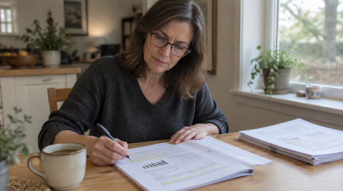 Photo: woman with reading glasses, marking up a printed research paper at her kitchen table