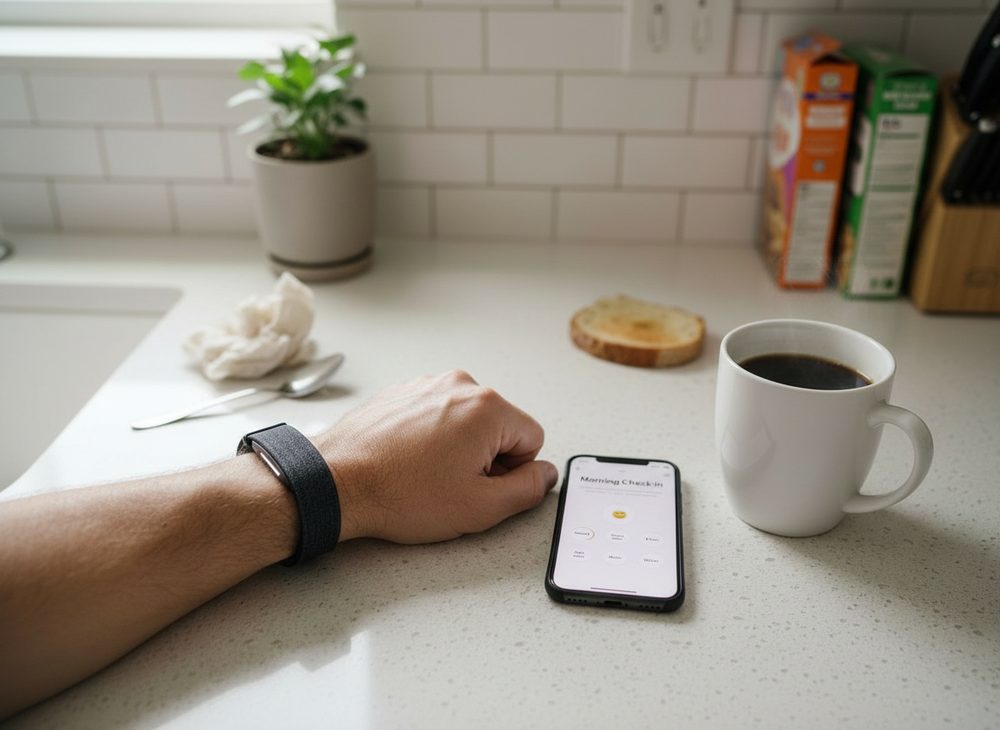 A calm morning, wrist band and a phone showing a morning check-in next to coffee