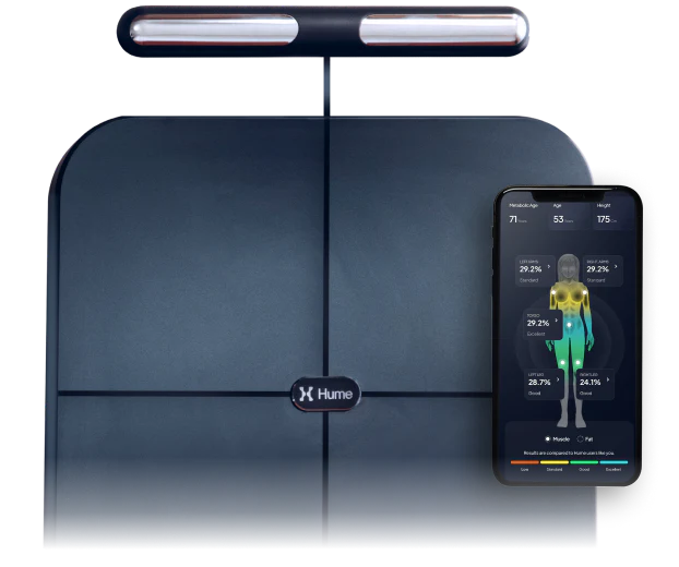 The Hume Pod beside the app showing fat and muscle by body segment