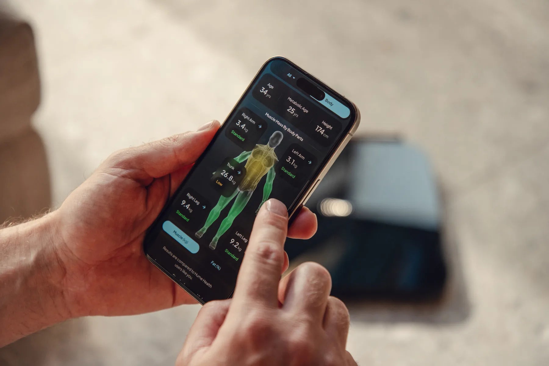 Hume app showing body composition metrics