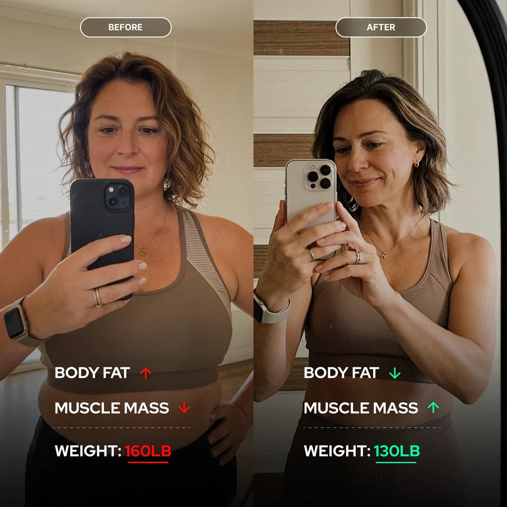 Female before and after body composition progress showing body fat down and muscle mass up