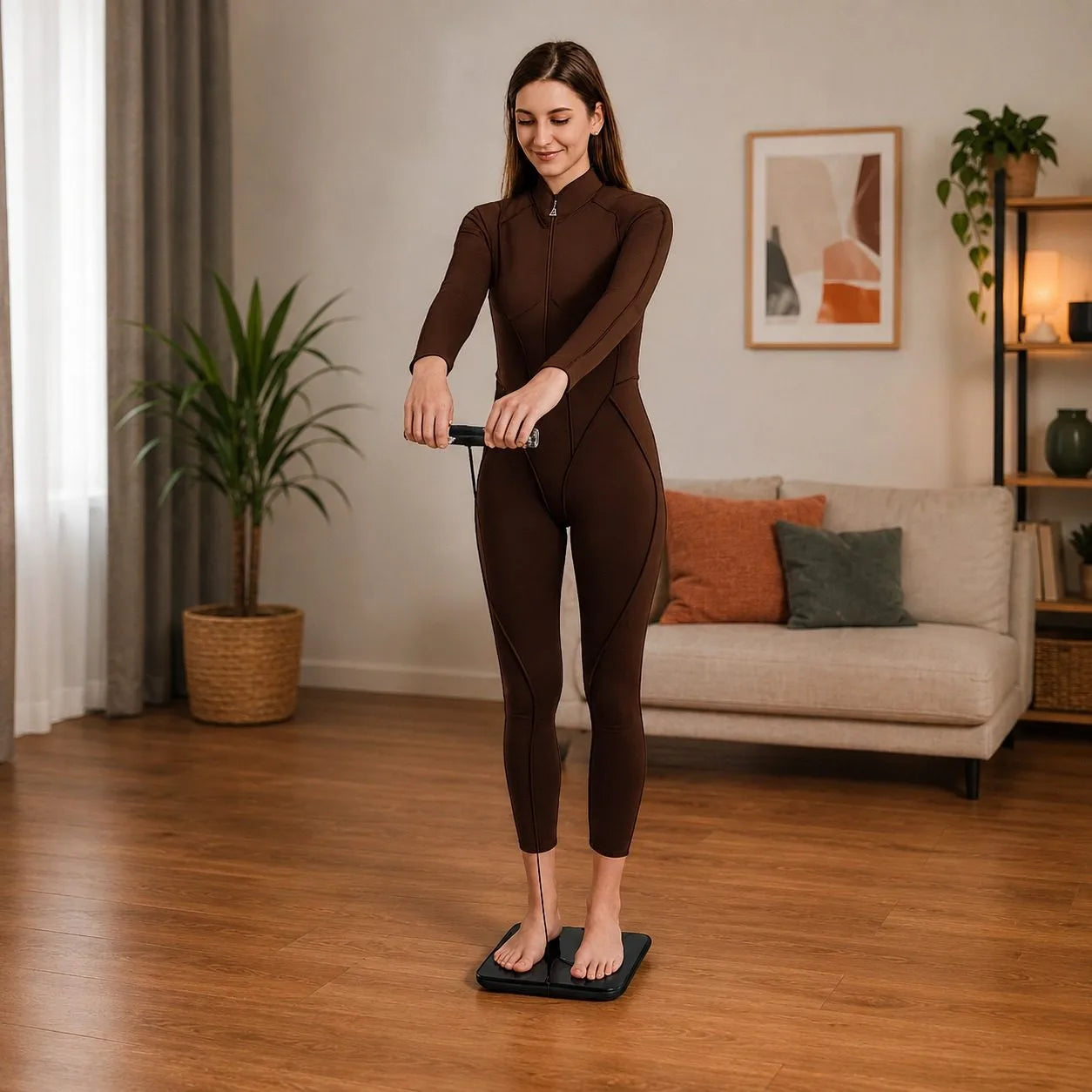 Woman using the Hume Pod smart scale in her living room