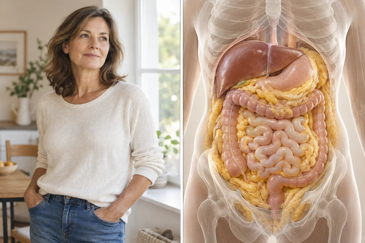 Editorial illustration contrasting a healthy-looking woman with an anatomical view of visceral fat around abdominal organs