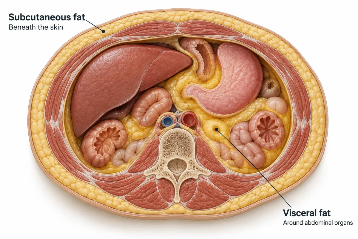 Labeled abdominal cross-section showing subcutaneous fat beneath the skin and visceral fat around abdominal organs